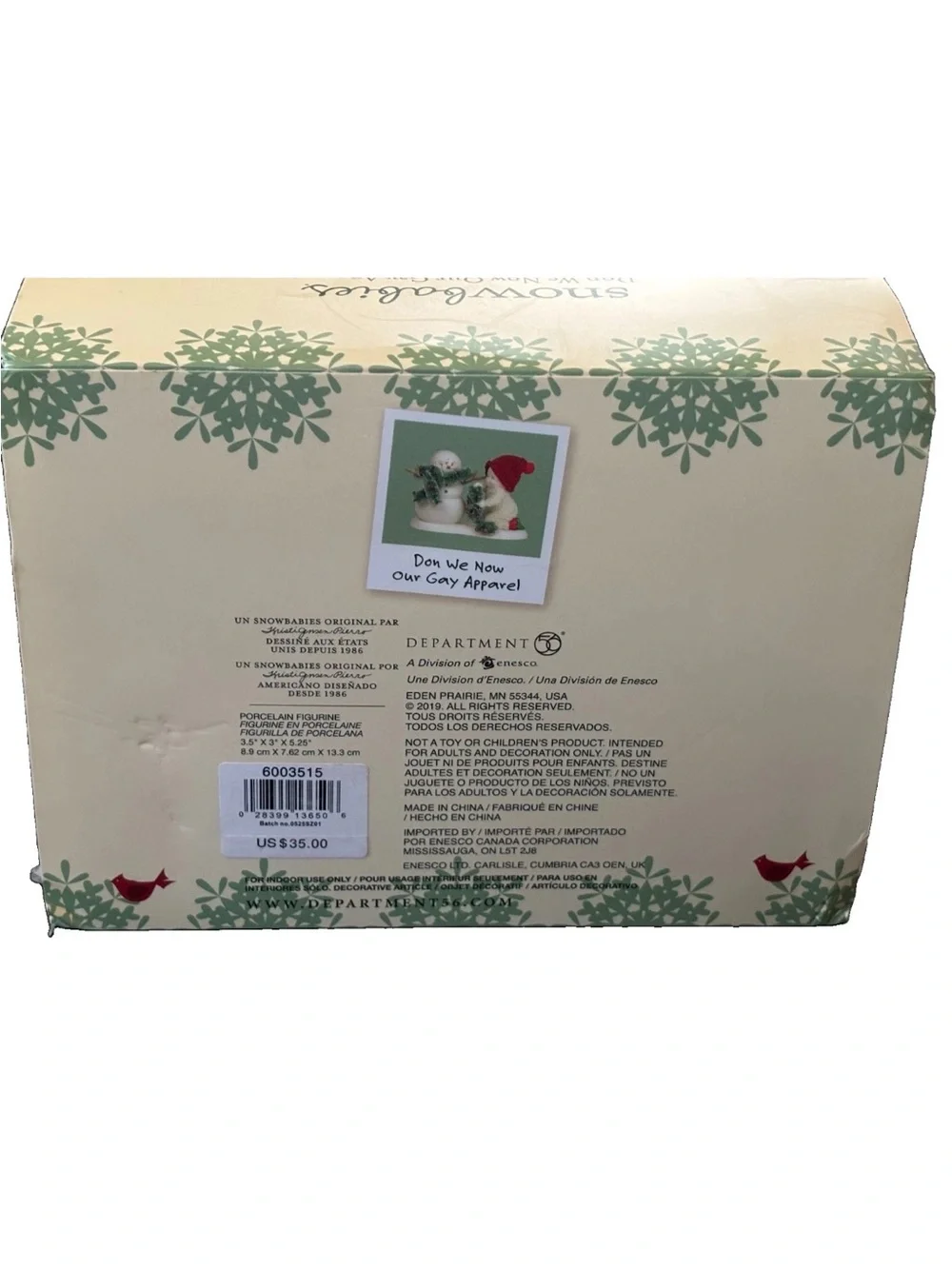 NIB Department 56 Snowbabies Don We Now Out Gay Apparel Figurine Retired Snowman